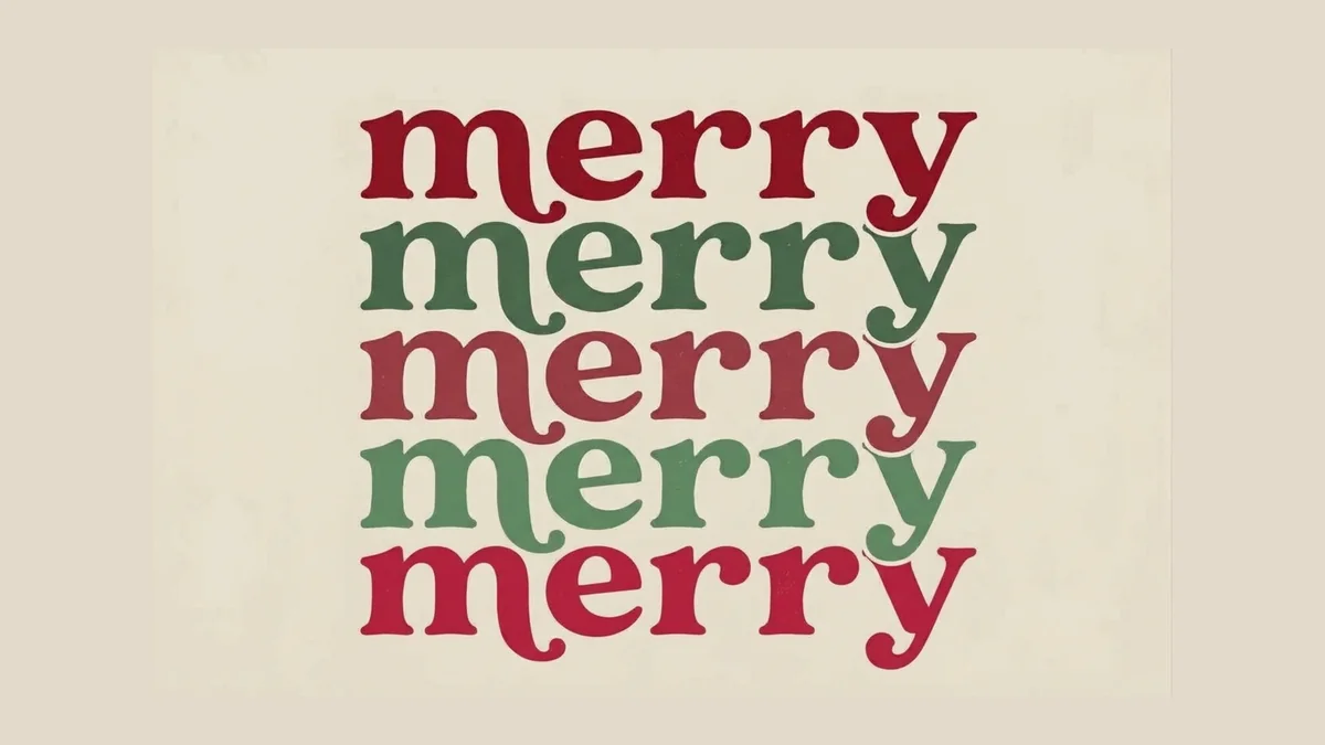Merry Frame TV sign — the word merry stacked five times in alternating Christmas red and green on a warm cream background